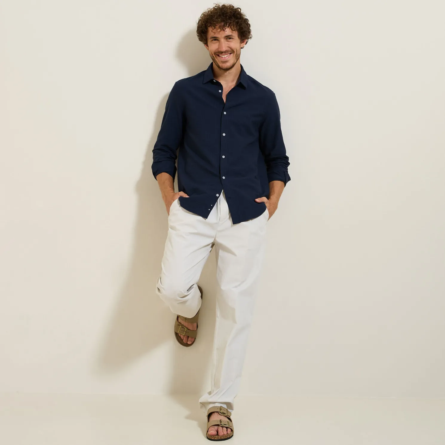 Gestreept overhemd in seersucker katoen