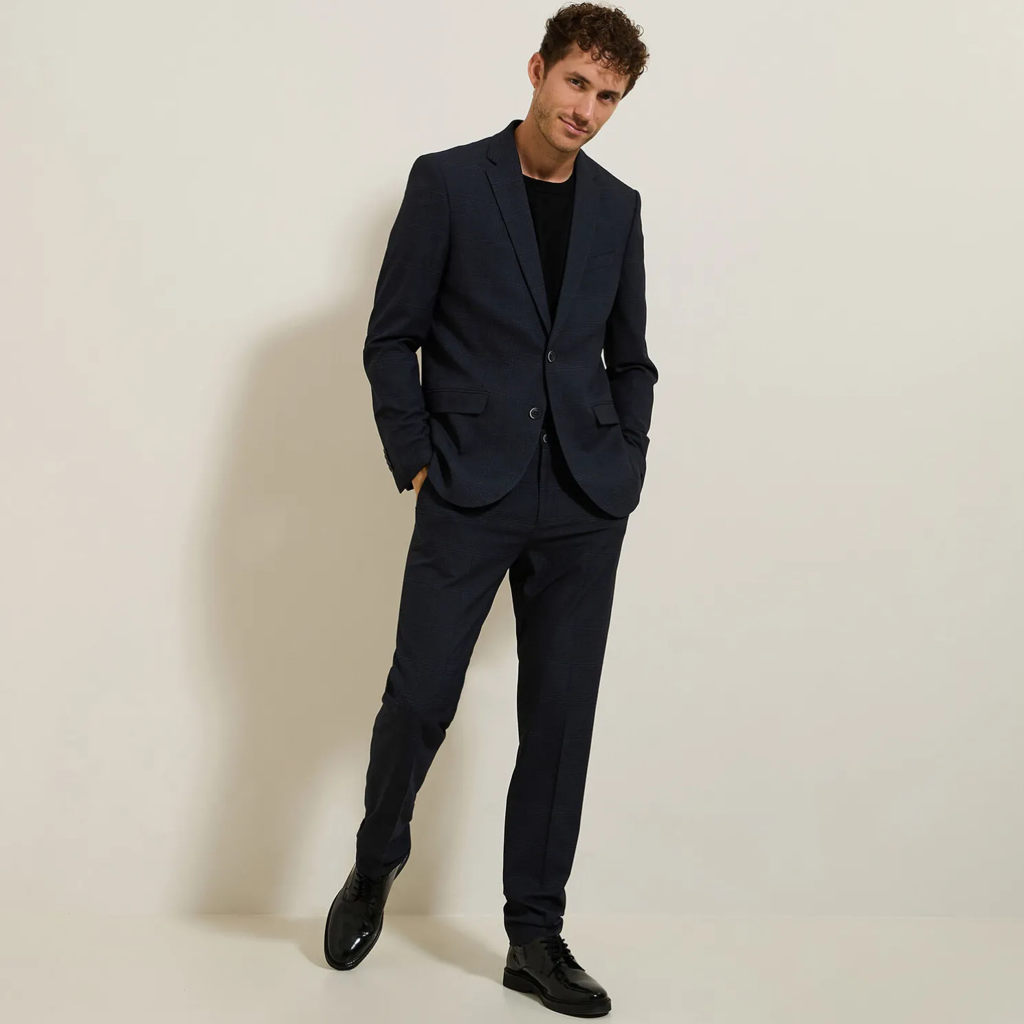 Het pakket slim geruite kostuum bi-stretch - Blauw