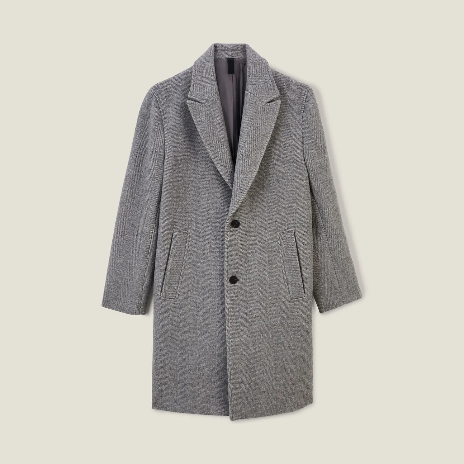 Lange mantel met visgraatmotief en reverskraag