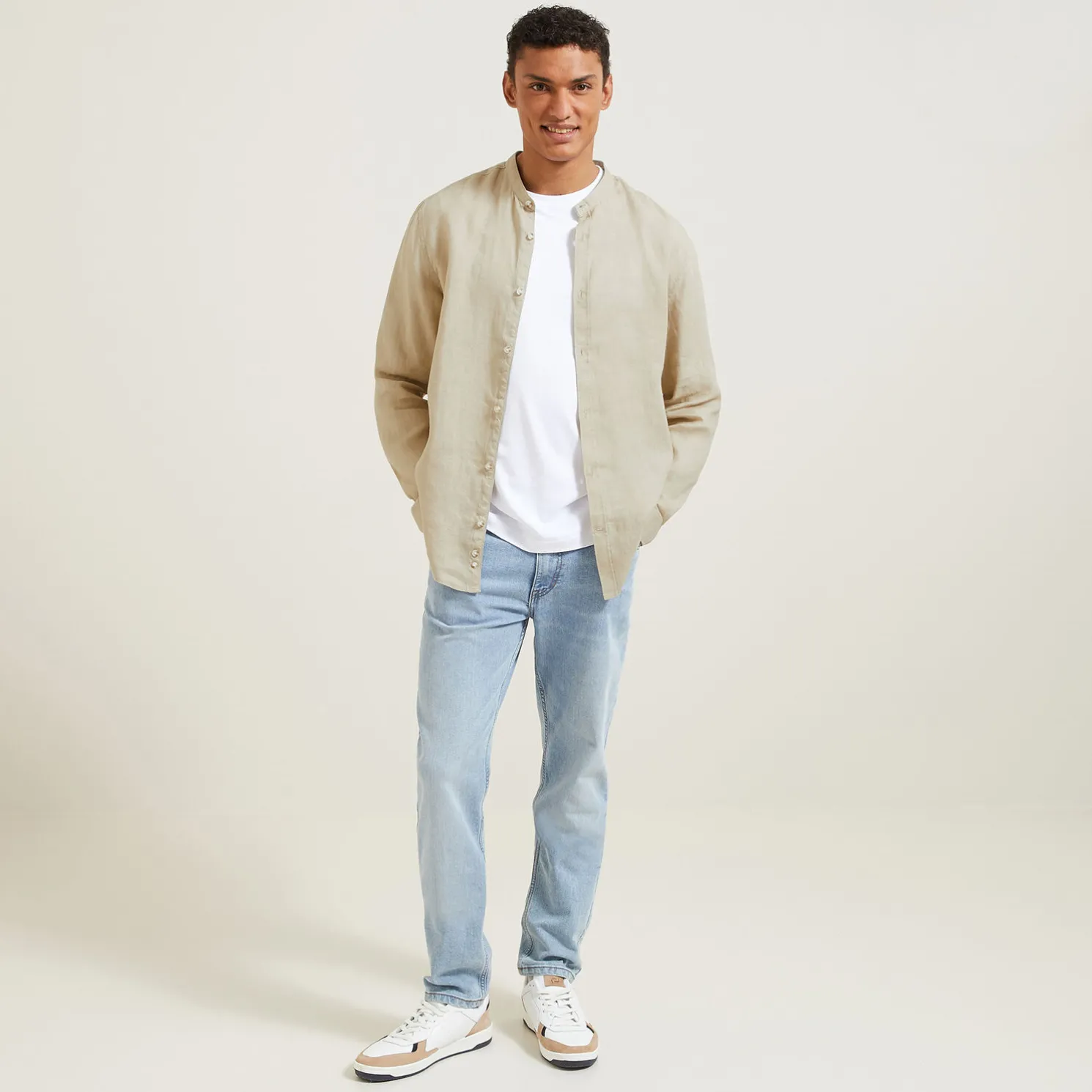 Regular effen hemd in linnen met mao-kraag