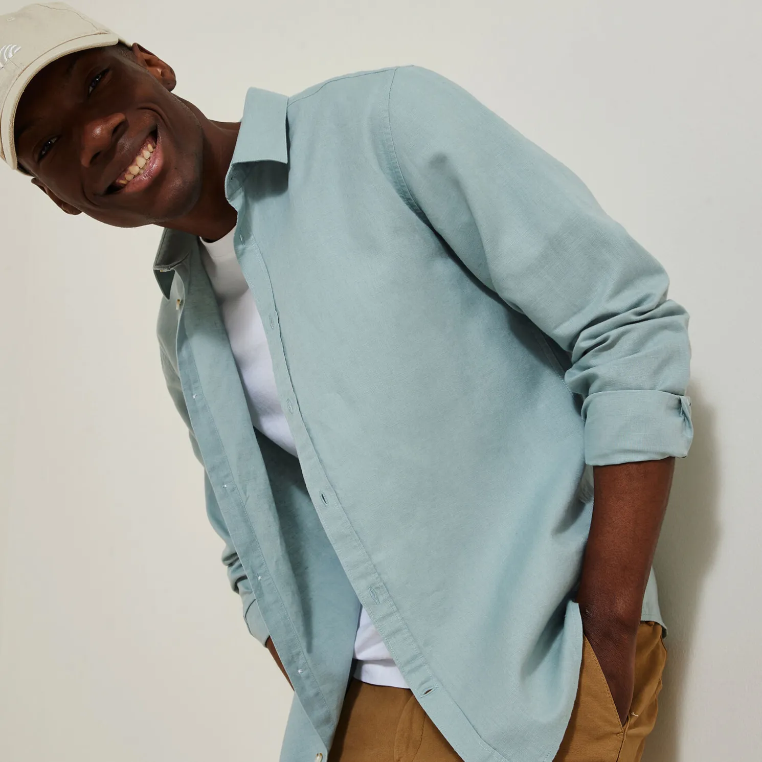 Regular effen hemd in katoen en linnen