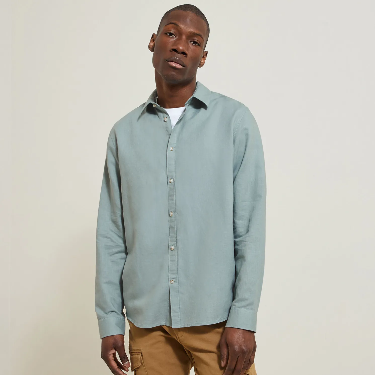 Regular effen hemd in katoen en linnen
