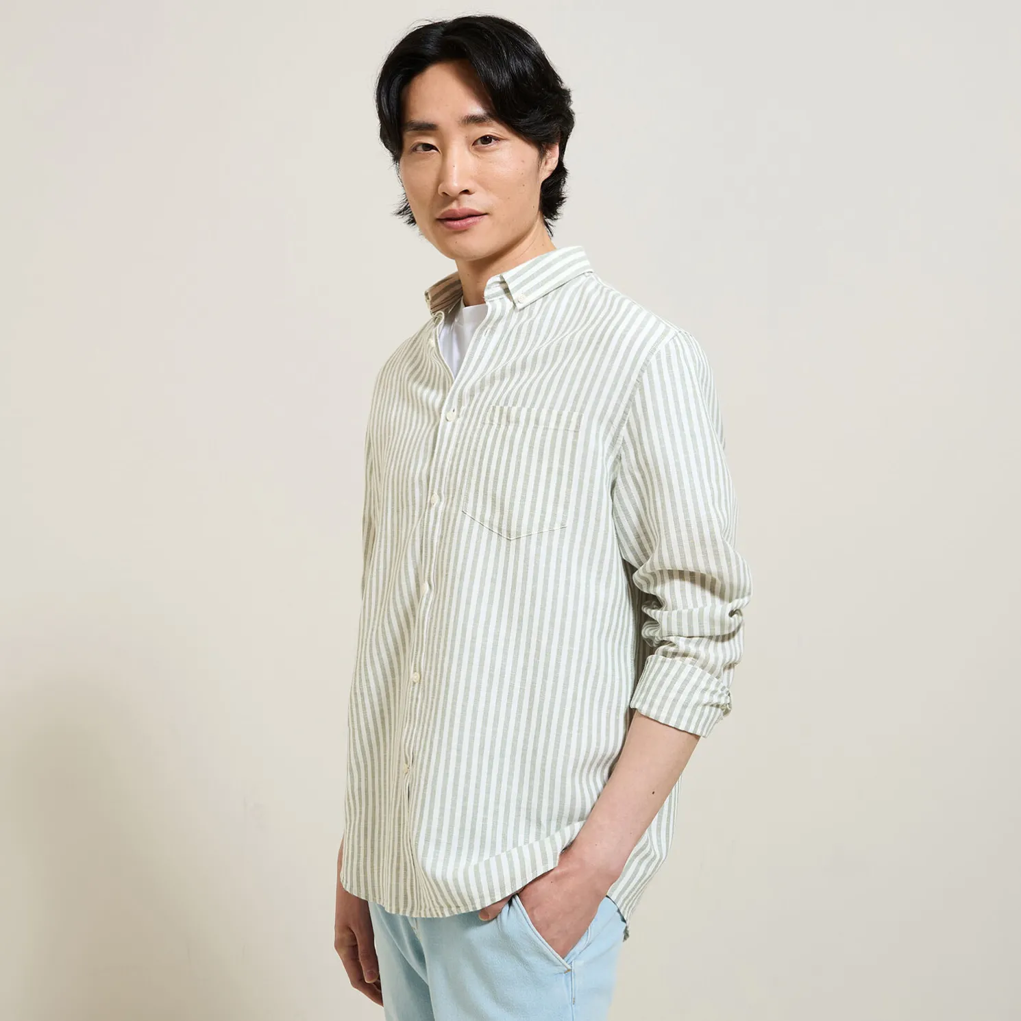 Regular gestreept hemd in katoen en linnen