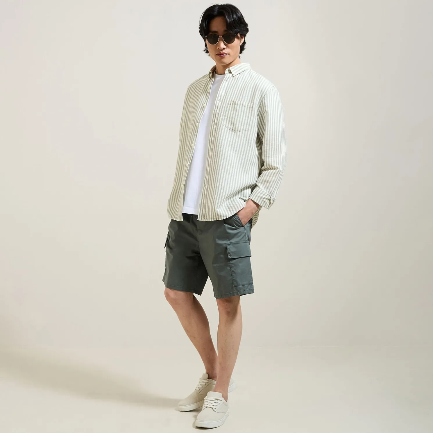 Regular gestreept hemd in katoen en linnen