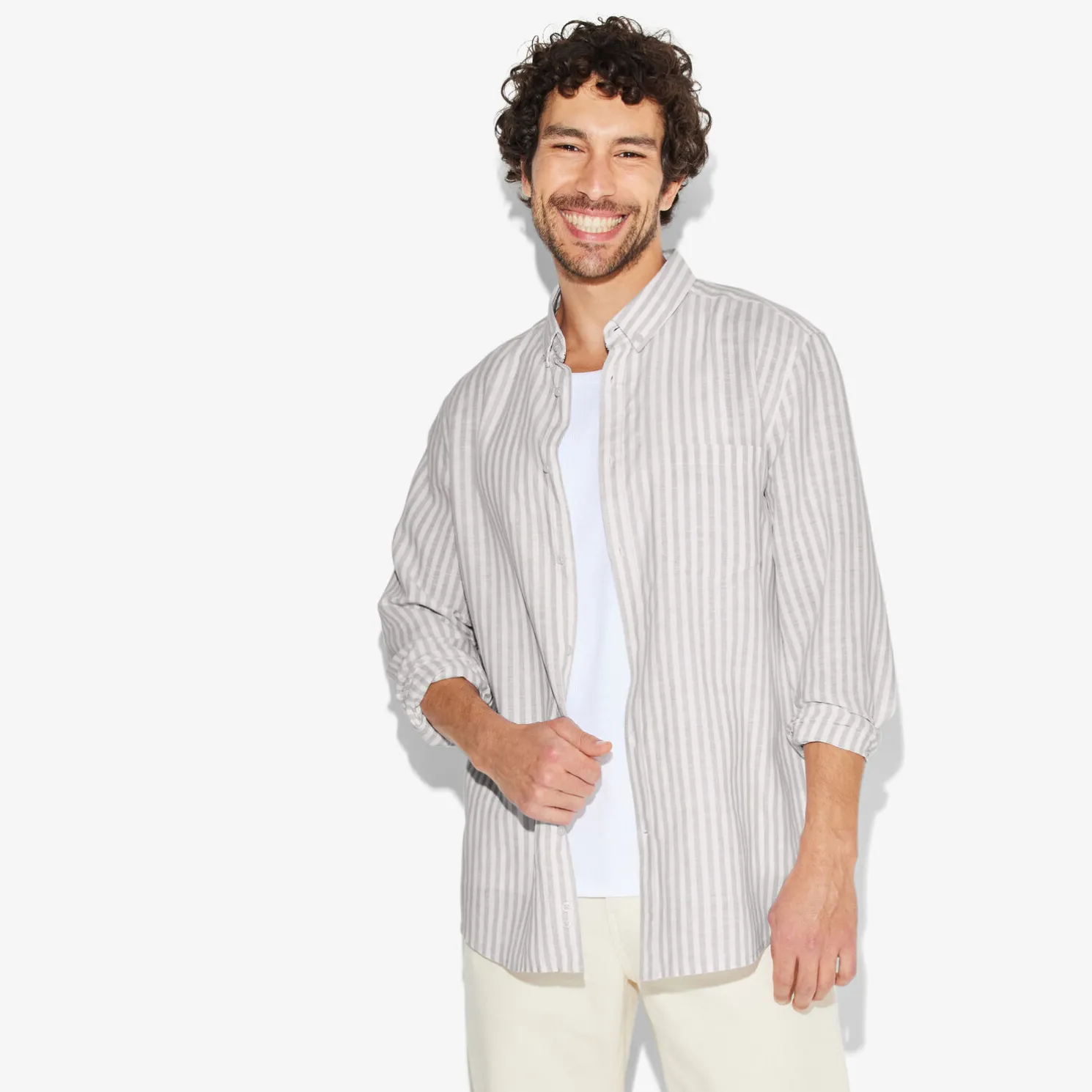 Regular gestreept hemd in katoen en linnen