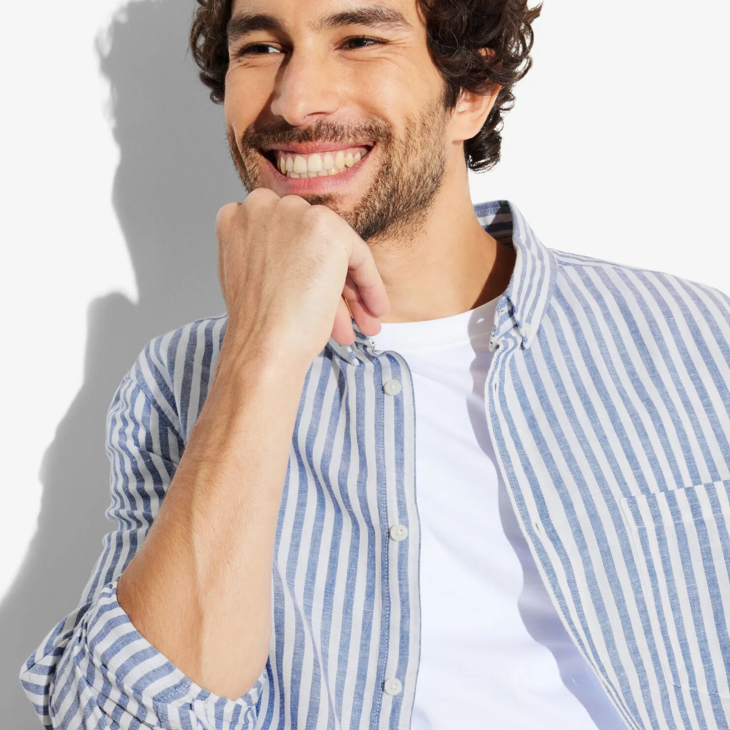 Regular gestreept hemd in katoen en linnen