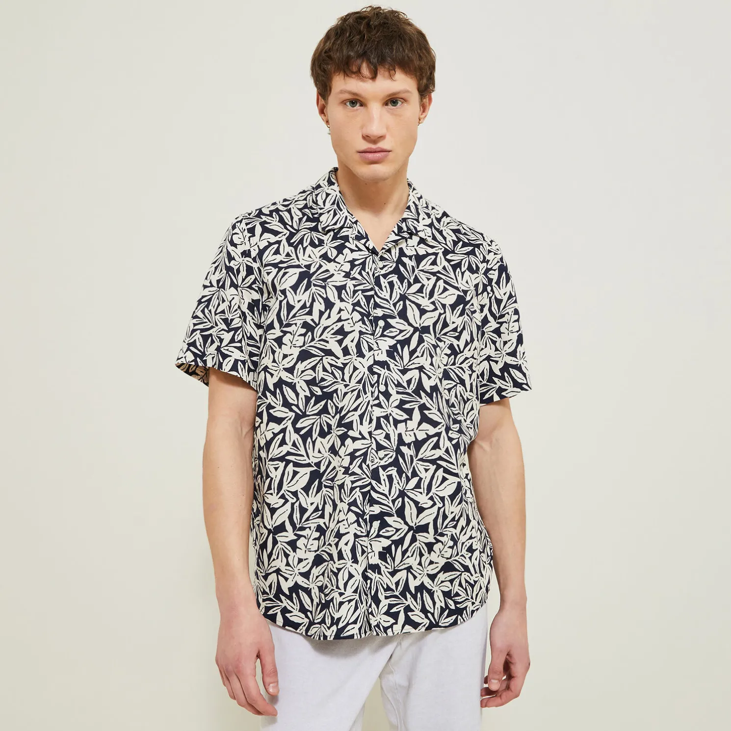 Regular hemdje met print in katoen en linnen