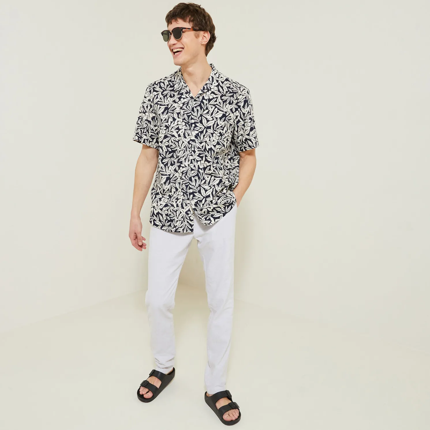 Regular hemdje met print in katoen en linnen