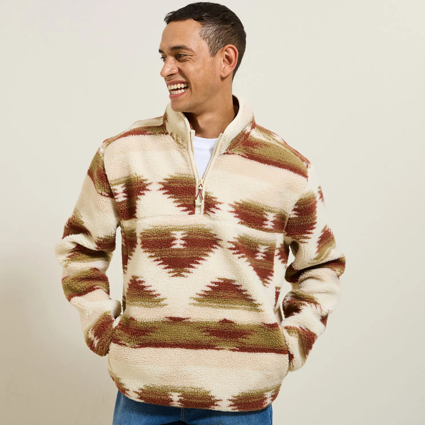 Sherpasweater met ritskraag en print