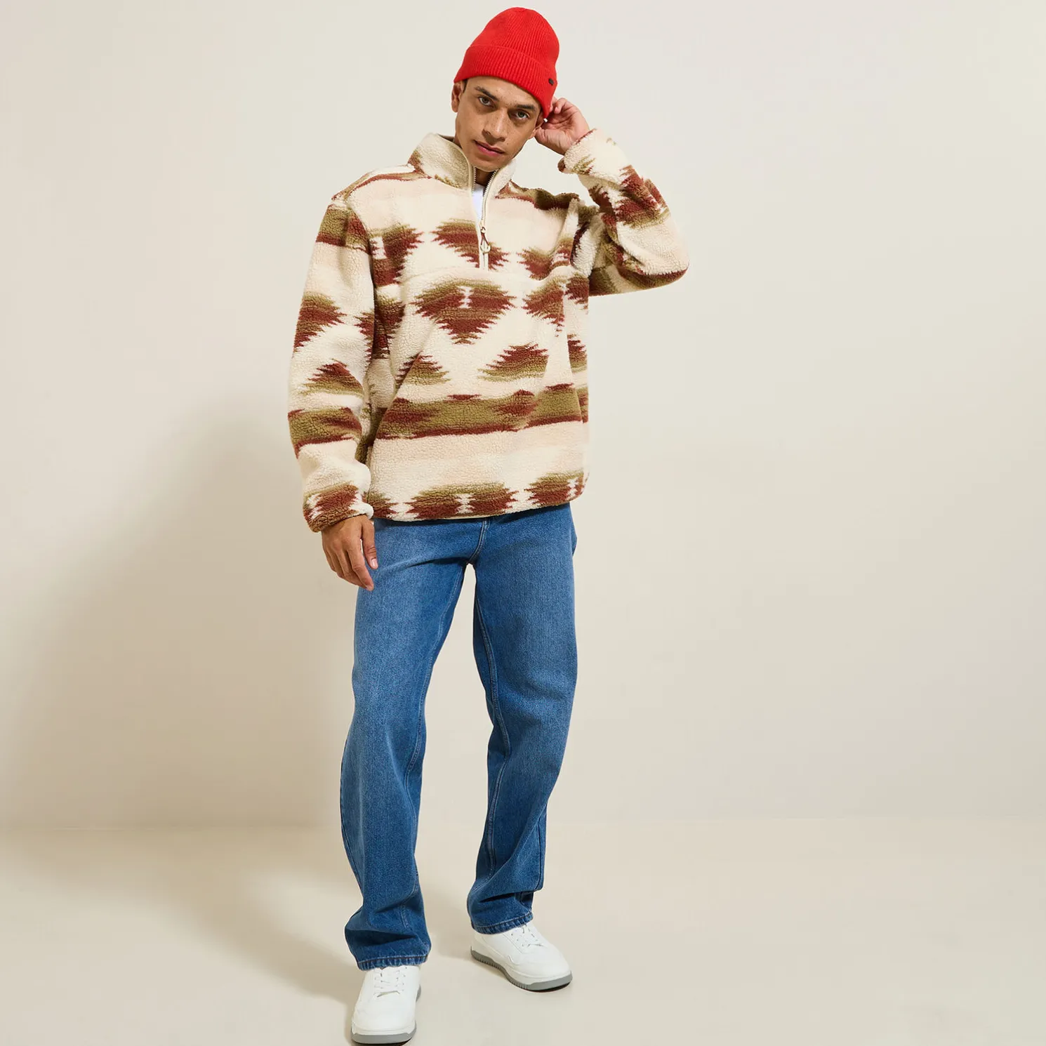 Sherpasweater met ritskraag en print