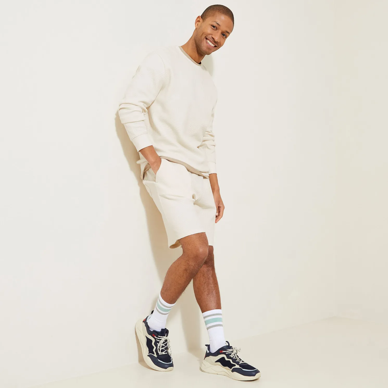 Sweater met ronde hals in wafelstof